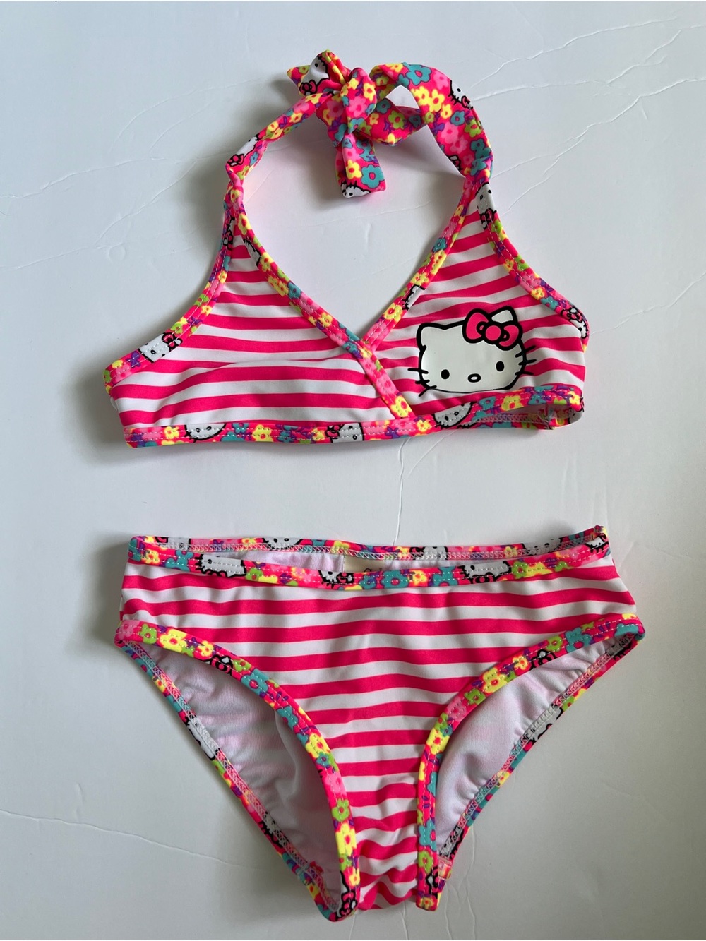Hello Kitty Pink and White Striped Girls' Two-Piece Bikini